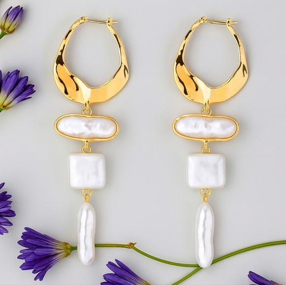 🆕️Gold Pearl Drop Earrings, Statement Dangle Earrings, Boho Chic Bridal Jewelry - Picture 12 of 14